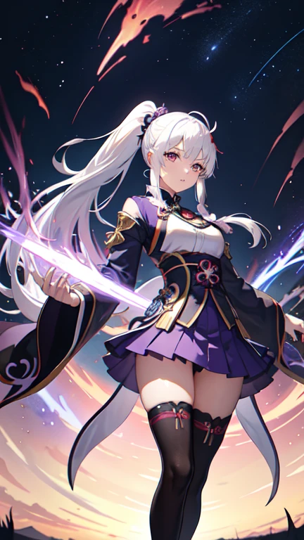 1girl, japanese clothes, ponytail ,white hair, purple eyes, magic circle, blue fire, blue flames, wallpaper, landscape, blood, blood splatter, depth of field, night, light particles, light rays, sidelighting, thighs, fate \(series\), genshin impact, ****, open jacket, skirt, thighhighs, cloud