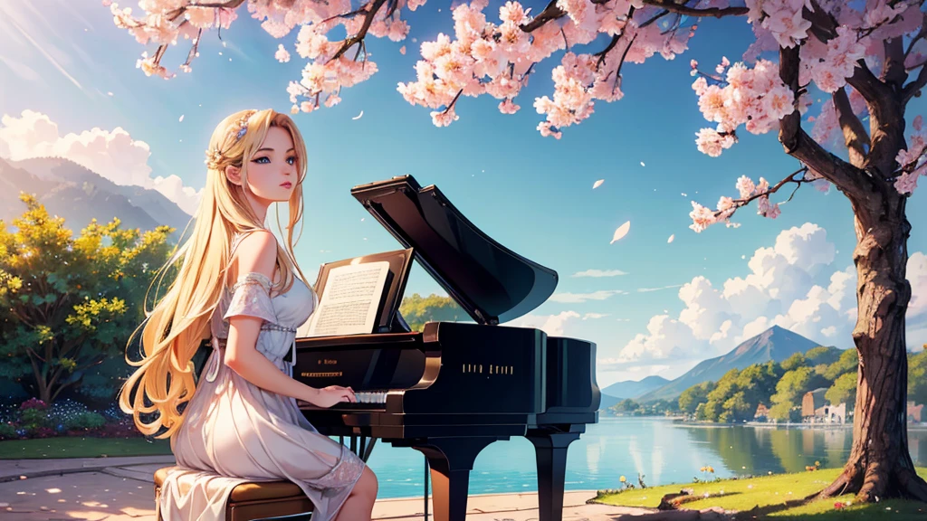 a beautiful blonde girl with stunning blue eyes, playing a grand piano under a blooming cherry blossom tree, masterpiece, (best quality,4k,8k,highres,masterpiece:1.2),ultra-detailed,(realistic,photorealistic,photo-realistic:1.37),intricate details,exquisite textures,soft lighting,warm color palette,cinematic composition,dramatic lighting,dramatic pose,elegant,graceful,serene,peaceful,calming,fantasy,digital painting,oil painting,photorealistic,highly detailed