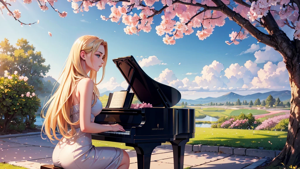 a beautiful blonde girl with stunning blue eyes, playing a grand piano under a blooming cherry blossom tree, masterpiece, (best quality,4k,8k,highres,masterpiece:1.2),ultra-detailed,(realistic,photorealistic,photo-realistic:1.37),intricate details,exquisite textures,soft lighting,warm color palette,cinematic composition,dramatic lighting,dramatic pose,elegant,graceful,serene,peaceful,calming,fantasy,digital painting,oil painting,photorealistic,highly detailed