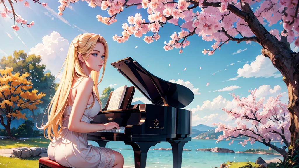 a beautiful blonde girl with stunning blue eyes, playing a grand piano under a blooming cherry blossom tree, masterpiece, (best quality,4k,8k,highres,masterpiece:1.2),ultra-detailed,(realistic,photorealistic,photo-realistic:1.37),intricate details,exquisite textures,soft lighting,warm color palette,cinematic composition,dramatic lighting,dramatic pose,elegant,graceful,serene,peaceful,calming,fantasy,digital painting,oil painting,photorealistic,highly detailed