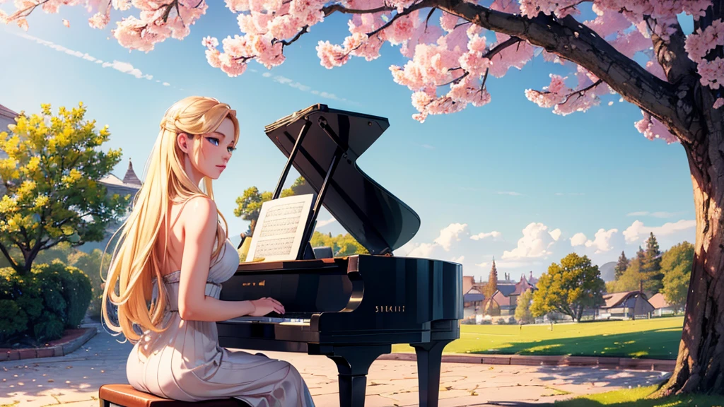 a beautiful blonde girl with stunning blue eyes, playing a grand piano under a blooming cherry blossom tree, masterpiece, (best quality,4k,8k,highres,masterpiece:1.2),ultra-detailed,(realistic,photorealistic,photo-realistic:1.37),intricate details,exquisite textures,soft lighting,warm color palette,cinematic composition,dramatic lighting,dramatic pose,elegant,graceful,serene,peaceful,calming,fantasy,digital painting,oil painting,photorealistic,highly detailed