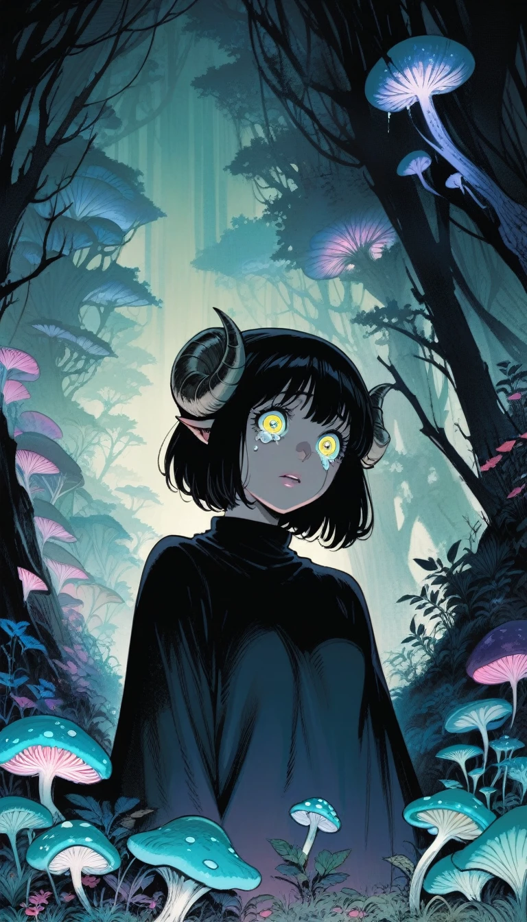 [author：Junji Ito], Dark horror scene, [Detailed shadows], [vein], (Bioluminescent mushroom forest), 1 Girl, Huge cosmic eyes, Tears, Spiral Fungus, Human Development Report black hair sheep horns