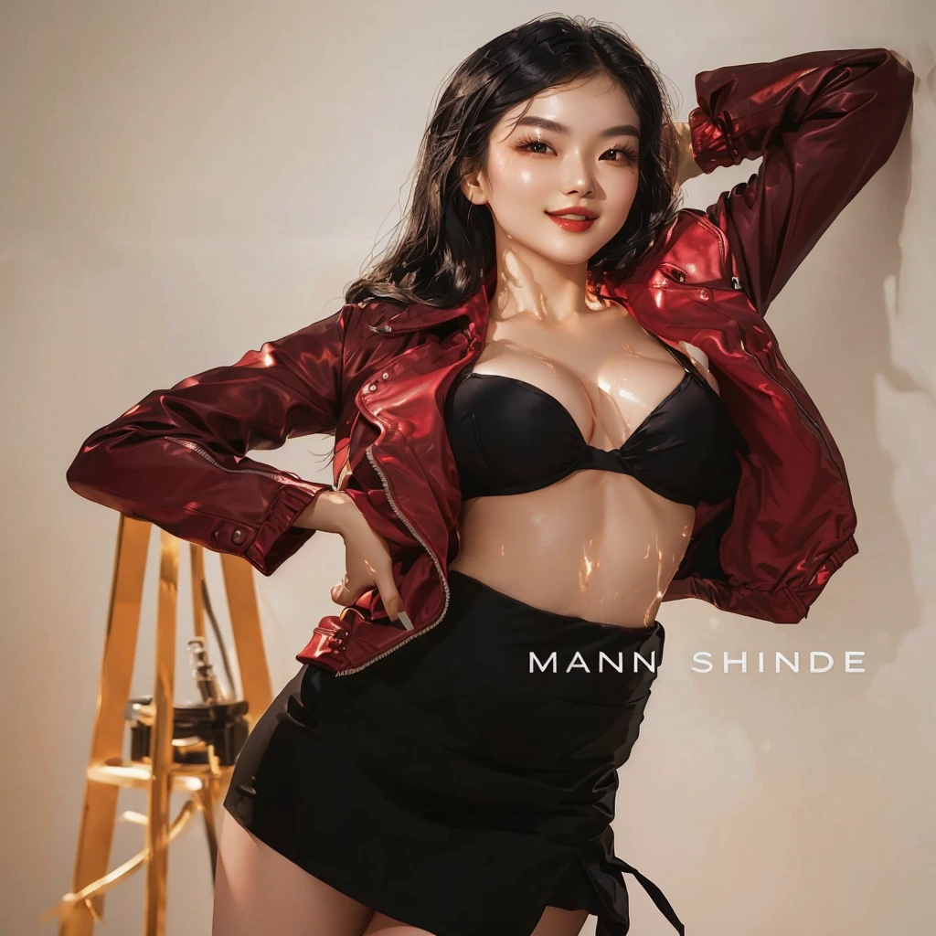 arafed woman in a black skirt and a red jacket, inspired by Wang Shimin, gorgeous chinese model, jacket over bare torso, shan shui, hot with shining sun, shot in the photo studio, body and headshot, taken in 2 0 2 0, with a seductive smile, 2 4 year old female model, dressed in short leather jacket, big , cleavage show, wet body 