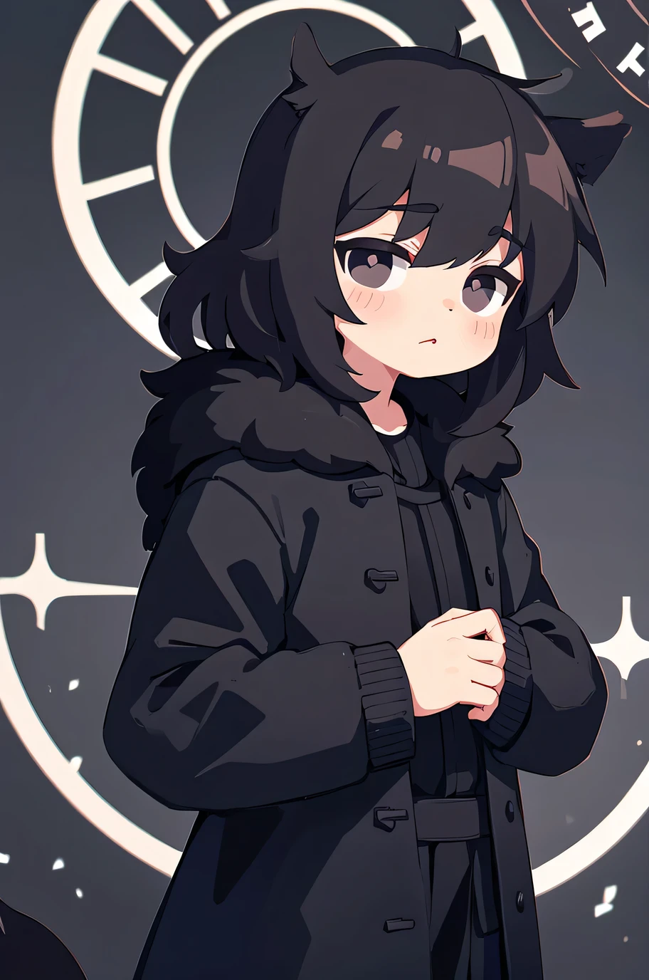boy, black hair, black eyes, black coat with fur, clock background