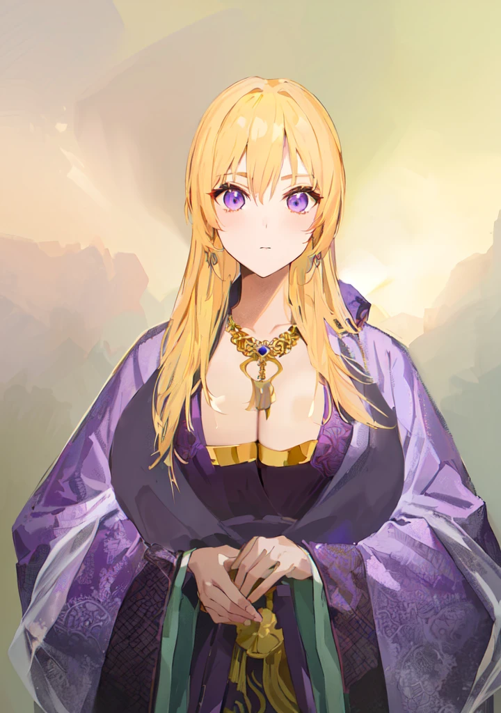 Wearing a purple robe、Cartoon image of a woman holding a bowl, ((Beautiful fantasy queen)), Produced in collaboration with Anime Painter Studio, Anime Goddess, Portrait of the Knights of the Zodiac, (Wearing noble robes)), Anime style like fate/overnight, Beautiful fantasy queen, In the anime painter studio,Three Kingdoms,Three Kingdoms志,Chinese style,antiquity,Hanfu,,巨big乳房,Good shape,Royal sister,Purple Eyes,Celluloid,big,Full figure,Noble,huge ,big ,big boods,sex body,yellow hair,Purple Eyes