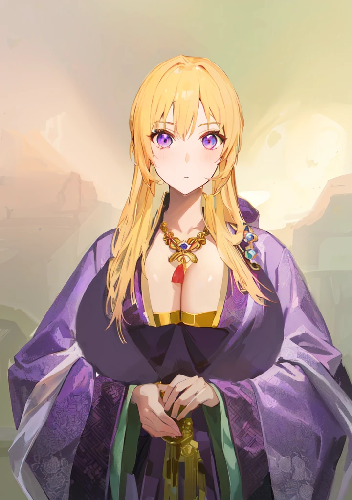 Wearing a purple robe、Cartoon image of a woman holding a bowl, ((Beautiful fantasy queen)), Produced in collaboration with Anime Painter Studio, Anime Goddess, Portrait of the Knights of the Zodiac, (Wearing noble robes)), Anime style like fate/overnight, Beautiful fantasy queen, In the anime painter studio,Three Kingdoms,Three Kingdoms志,Chinese style,antiquity,Hanfu,,巨big乳房,Good shape,Royal sister,Purple Eyes,Celluloid,big,Full figure,Noble,huge ,big ,big boods,sex body,yellow hair,Purple Eyes