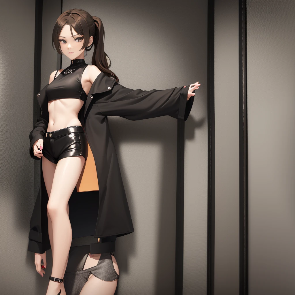 cute, sexy, girl, brown hair, ponytail, black crop top, tall, long legs, sexy legs, black shorts, belly button, hot, sexy, whore, slut, 1girl, solo, alone, city, 13 years old, wearing a black jacket, off shoulder black jacket, 