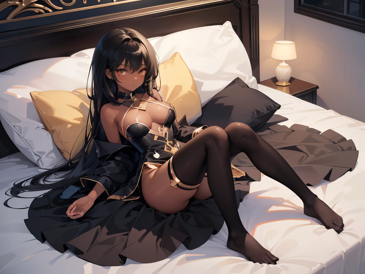 Digital Art, Digital Illustration, Ultra-detailed, beautiful image, Sharp Image, dark skinned girl in dress, nylon tights, trending at cgstation, anime barbie doll, trending on cgstation, anime vtuber full body model, ((black hair color)),((dark tanned skin)), (((golden eyes))), (), (round breasts), on bed