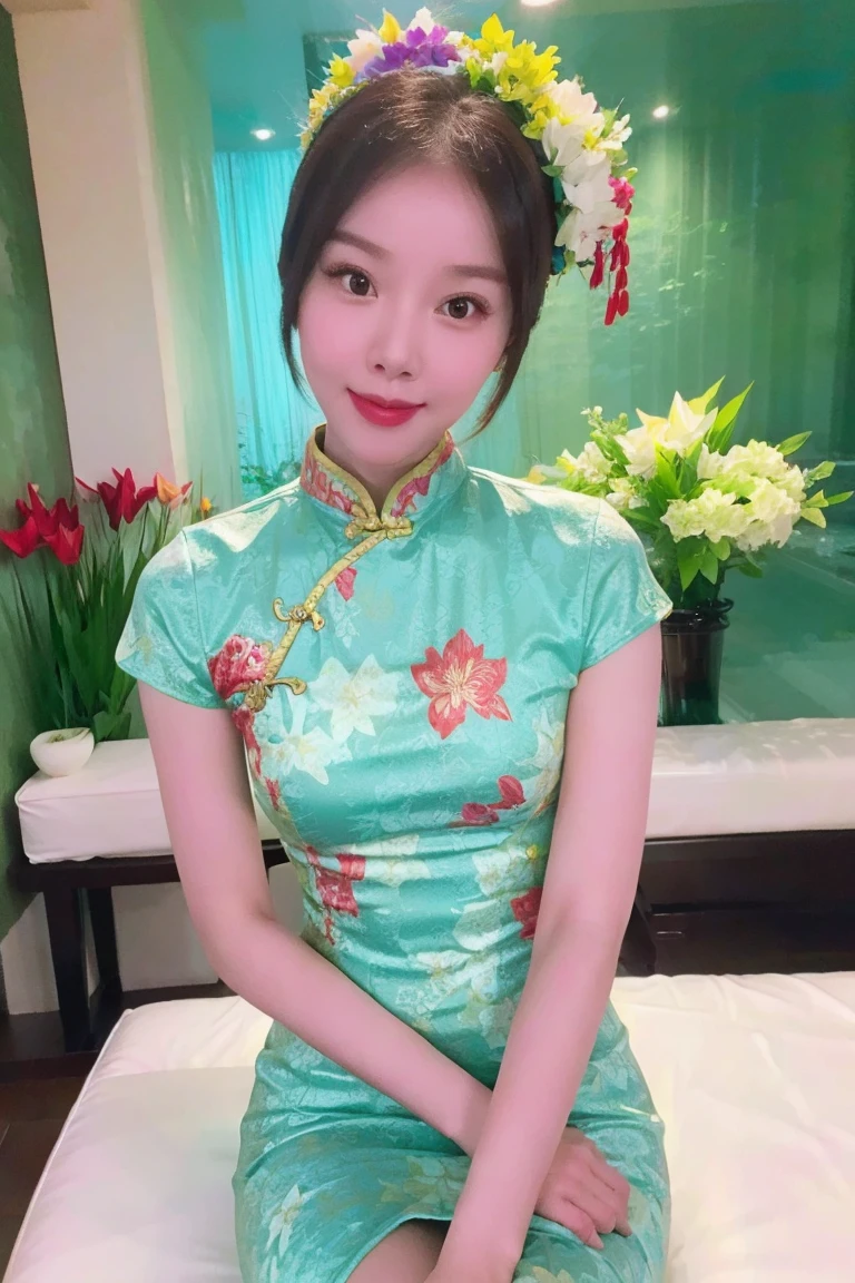 1 girl, Smile, xunpu, Chinese clothes, dress, Floral Print, hair flower|blue, lake, Floral , ((Floral background))8K,,Sexy,(actual:1.1), (photoactual:1.1), (masterpiece:1.1), (best quality:1.1), original photo, High resolution, Super detailed, High detail RAW color photo