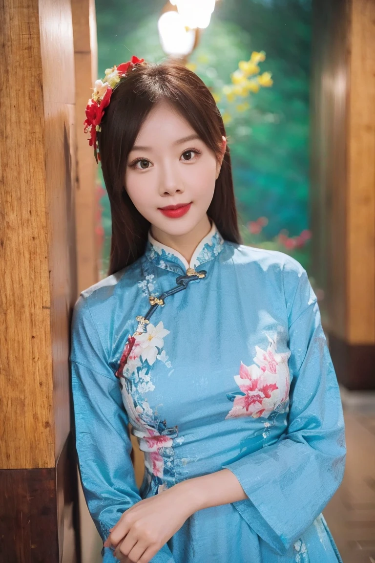 1 girl, Smile, xunpu, Chinese clothes, dress, Floral Print, hair flower|blue, lake, Floral , ((Floral background))8K,,Sexy,(actual:1.1), (photoactual:1.1), (masterpiece:1.1), (best quality:1.1), original photo, High resolution, Super detailed, High detail RAW color photo