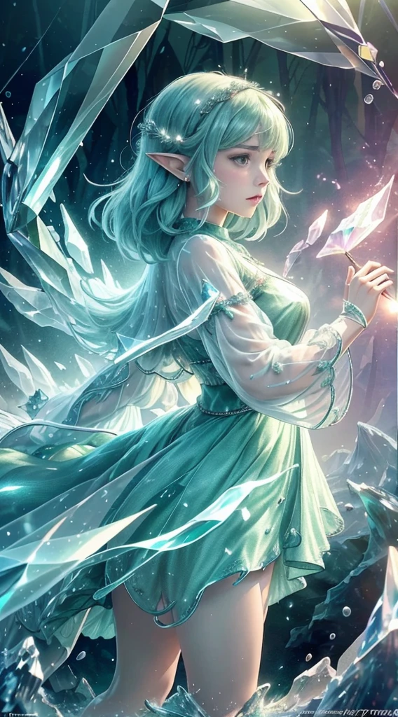 (Masterpiece, Top Quality, Best, Official Art, Beautiful and Aesthetic, Long Exposure: 1.2), Smooth Movement, Charming Patterns, 1 Girl, (Long Dress with Sleeves: 1.3), (((Green Clothes) )), upper body close-up, bare shoulders, Chinese girl, blush, black lob hair, portrait, solo, upper body, looking at the observer, detailed background, detailed face, (crystallineAI, crystalline theme:1.1), elemental wood elf, rotation foliage, control foliage, emerald clothing, dynamic pose, floating particles, ethereal dynamics, foliage, vapor, forest in the background, green tint, forest, ethereal atmosphere,