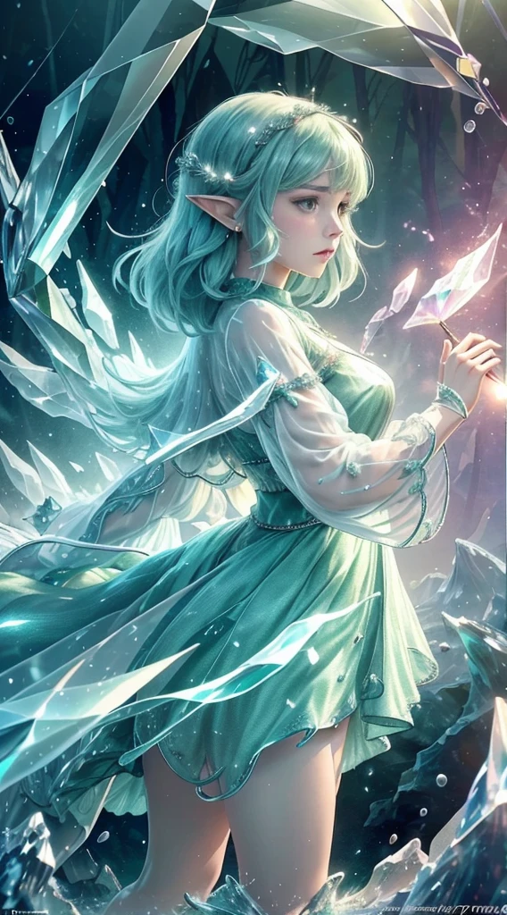 (Masterpiece, Top Quality, Best, Official Art, Beautiful and Aesthetic, Long Exposure: 1.2), Smooth Movement, Charming Patterns, 1 Girl, (Long Dress with Sleeves: 1.3), (((Green Clothes) )), upper body close-up, bare shoulders, Chinese girl, blush, black lob hair, portrait, solo, upper body, looking at the observer, detailed background, detailed face, (crystallineAI, crystalline theme:1.1), elemental wood elf, rotation foliage, control foliage, emerald clothing, dynamic pose, floating particles, ethereal dynamics, foliage, vapor, forest in the background, green tint, forest, ethereal atmosphere,
