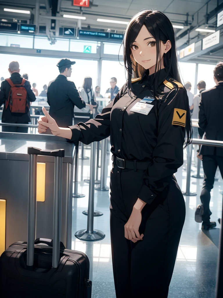 A female airport staff member standing at an information desk in a modern airport terminal. She is dressed in a professional uniform, with a friendly and welcoming expression. The background includes signs in multiple languages, people walking by with luggage, and an overall busy airport atmosphere. The lighting is bright and natural, giving a clean and efficient look to the scene