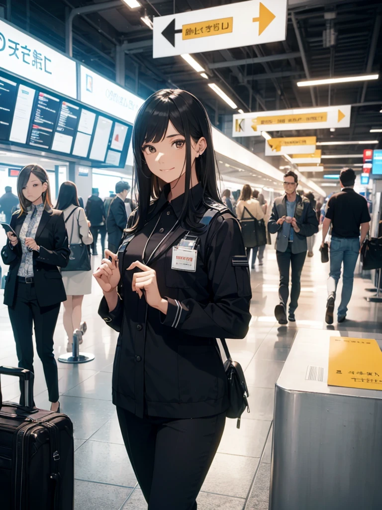 A female airport staff member standing at an information desk in a modern airport terminal. She is dressed in a professional uniform, with a friendly and welcoming expression. The background includes signs in multiple languages, people walking by with luggage, and an overall busy airport atmosphere. The lighting is bright and natural, giving a clean and efficient look to the scene