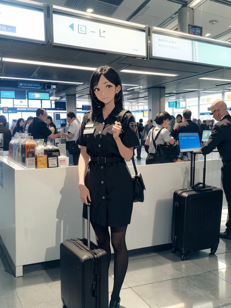 A female airport staff member standing at an information desk in a modern airport terminal. She is dressed in a professional uniform, with a friendly and welcoming expression. The background includes signs in multiple languages, people walking by with luggage, and an overall busy airport atmosphere. The lighting is bright and natural, giving a clean and efficient look to the scene