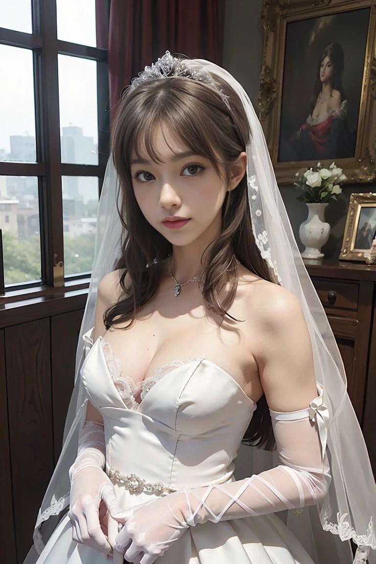 最high quality, (masterpiece:1.2), Very detailed, Are standing, School, indoor, Cat ear, One girl, alone, tojou koneko, Looking at the audience, Mouth closed, smile, From above, Yellow Eyes, Gray Hair, short hair , hair ornaments, gloves, dress, Cleavage, Bare shoulders, clavicle, elbow gloves, white gloves, white dress, Strapless, tiara, Veil, Strapless dress, wedding dress, bridal Veil, Beautiful woman, Perfect body, Perfect breasts, wearing a dress bride, Night dress, wood々lush garden, Wedding decorations, View your viewers, smile, realism, masterpiece, Textured Leather, Super detailed, High detail, high quality, 最high quality, 1080P, 16K