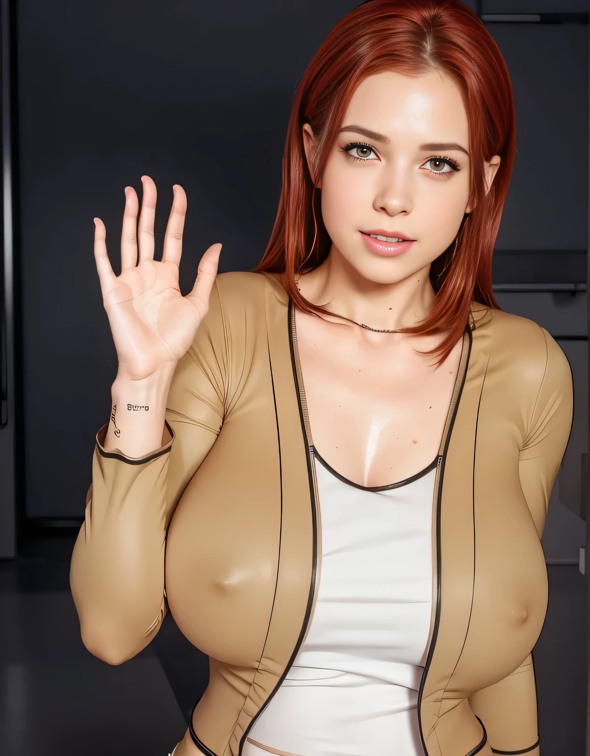 a beautiful smiling woman, detailed realistic portrait, translucent clothing, shiny oily skin, wet skin, extremely detailed fingers and hands, beautiful detailed vagina, tight clothing, (best quality,4k,8k,highres,masterpiece:1.2),ultra-detailed,(realistic,photorealistic,photo-realistic:1.37),hyper detailed,extremely detailed face, intricate details,vivid colors,natural lighting,soft lighting,cinematic lighting