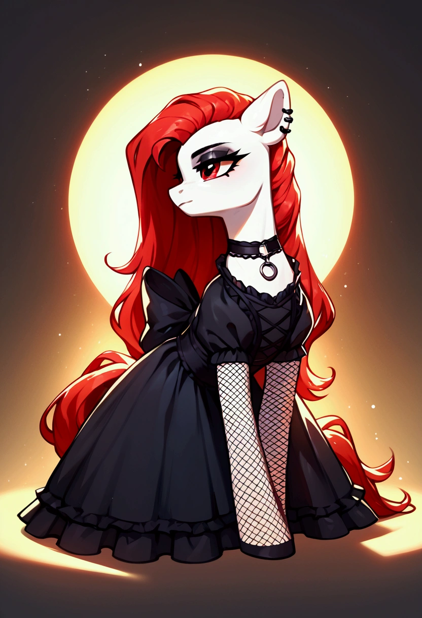 score_9,score_8_up,score_7_up,score_6_up, ((my little pony)), radiant lighting, vibrant colors, whimsical atmosphere, 8K, high resolution, highly detailed, masterpiece, white body, goth style, very long red hair, red eyes, fishnet stockings, dress