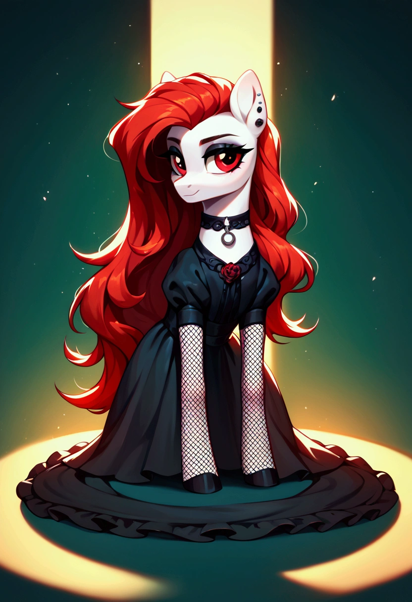 score_9,score_8_up,score_7_up,score_6_up, ((my little pony)), radiant lighting, vibrant colors, whimsical atmosphere, 8K, high resolution, highly detailed, masterpiece, white body, goth style, very long red hair, red eyes, fishnet stockings, dress
