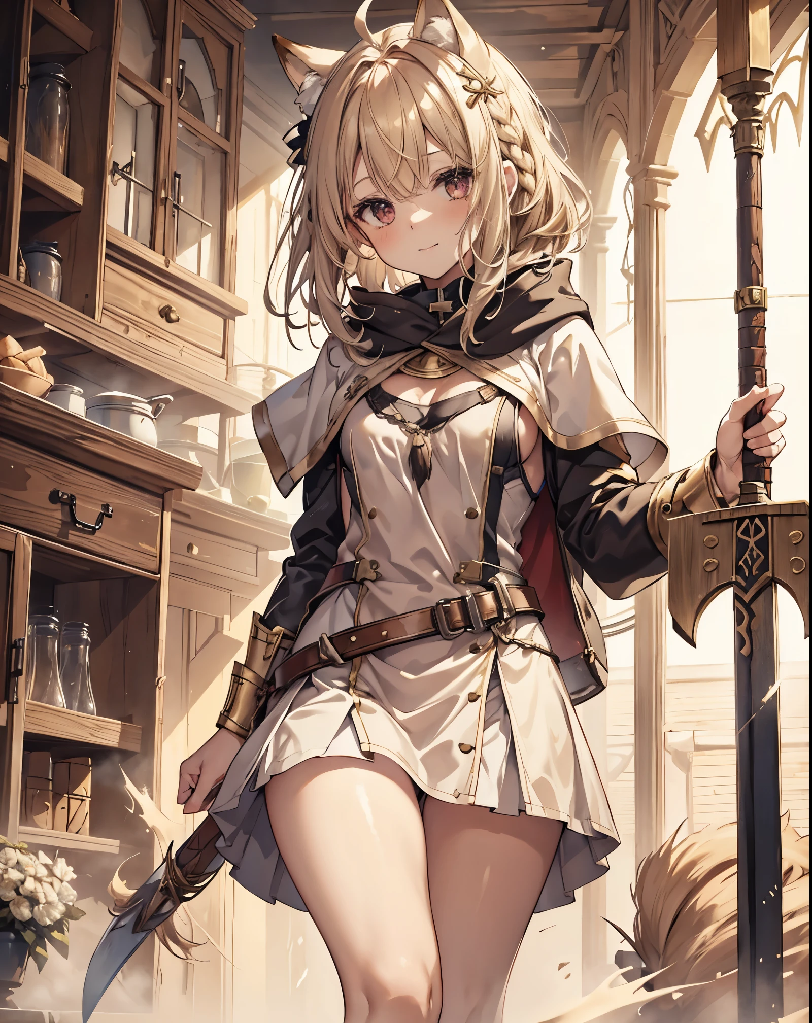 masterpiece, 1girl, sparrow, a blonde haired girl, wearing a white medieval priestess clothes, curly medium hair, messy hair, slim body, wearing golden capelet with hoody, he close her left eye, shirt ornament, seductive smile, red eyes, ahoge, black vest, baby face, big breast, beautiful breasts, rounded breasts, braid hair, white nurse cap, long sleeves, seductive eyes, white stocking, droopy eyes, miniskirt, brown skirt, plaid skirt, ass, beautiful ass, rounded ass, she standing, ((small neko ears)) , white white and gold fox tail, She is a warrior that will save the world, she has a magic rainbow pendant, she has two sword, she hold a sword for hand.