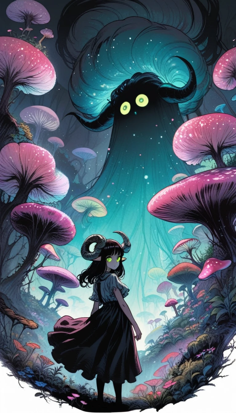 [author：Junji Ito], Dark horror scene, [Detailed shadows], [vein], (Bioluminescent mushroom forest), 1 Girl, Huge cosmic eyes, Spiral Fungus, Human Development Report fluffy black hair sheep horns. Insane