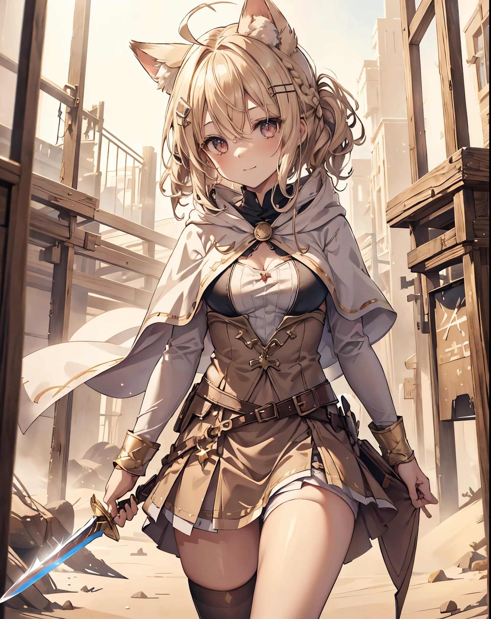 masterpiece, 1girl, sparrow, a blonde haired girl, wearing a white medieval priestess clothes, curly medium hair, messy hair, slim body, wearing golden capelet with hoody, he close her left eye, shirt ornament, seductive smile, red eyes, ahoge, black vest, baby face, big breast, beautiful breasts, rounded breasts, braid hair, white nurse cap, long sleeves, seductive eyes, white stocking, droopy eyes, miniskirt, brown skirt, plaid skirt, ass, beautiful ass, rounded ass, she standing, ((small neko ears)) , white white and gold fox tail, She is a warrior that will save the world, she has a magic rainbow pendant, she has two sword, she hold a sword for hand.
