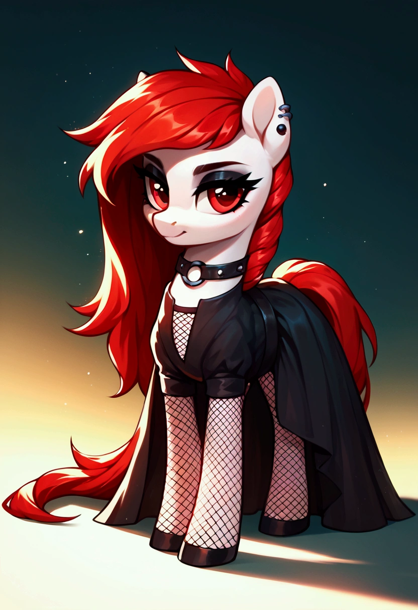 score_9,score_8_up,score_7_up,score_6_up, ((my little pony)), radiant lighting, vibrant colors, whimsical atmosphere, 8K, high resolution, highly detailed, masterpiece, white body, goth style, very long red hair, red eyes, fishnet stockings, dress
