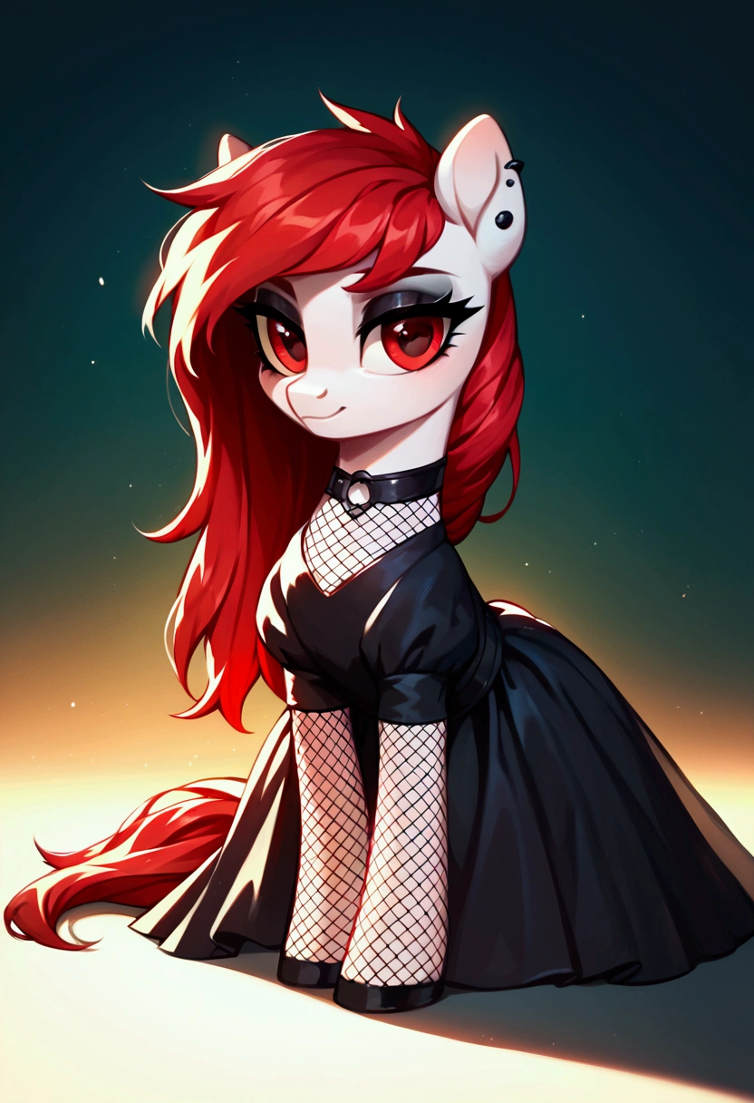score_9,score_8_up,score_7_up,score_6_up, ((my little pony)), radiant lighting, vibrant colors, whimsical atmosphere, 8K, high resolution, highly detailed, masterpiece, white body, goth style, very long red hair, red eyes, fishnet stockings, dress