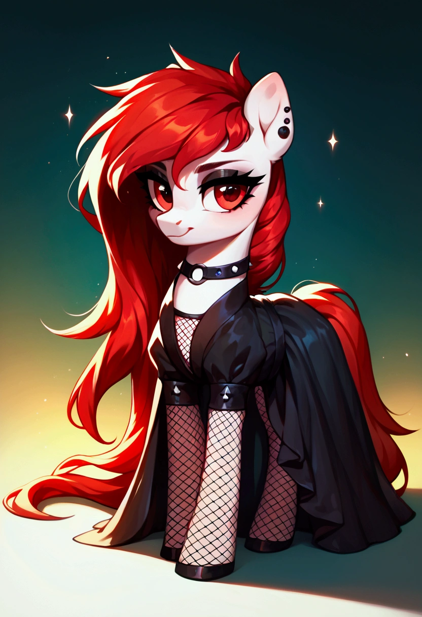 score_9,score_8_up,score_7_up,score_6_up, ((my little pony)), radiant lighting, vibrant colors, whimsical atmosphere, 8K, high resolution, highly detailed, masterpiece, white body, goth style, very long red hair, red eyes, fishnet stockings, dress
