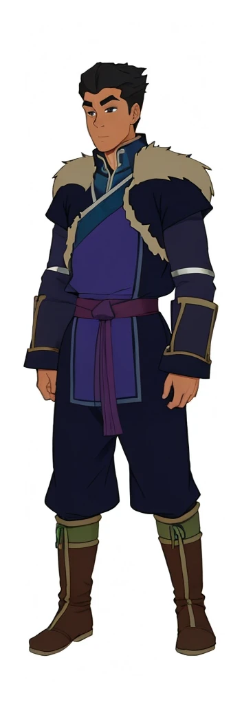 African-American, Bolin, water tribe traditional clothing mixed of blue and purple, with fur in shoulders and neck. Long sleeve, skinny, water tribe outfit. The character is wearing a blue, short-sleeved tunic with gold trim and fastenings down the front and fur collar, and fur on the shoulders. He has on dark purple pants tucked into knee-high boots. A green sash is tied around his waist. The overall style appears to be inspired by traditional East Asian clothing designs., fur on sleeves and shoulders, clothing mixed of water tribe purple and blue color and dark purple pants and skinny 