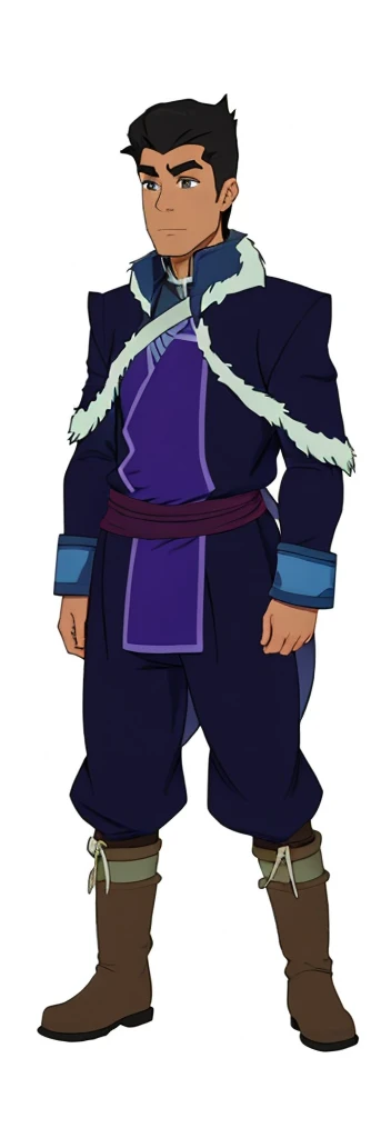 African-American, Bolin, water tribe traditional clothing mixed of blue and purple, with fur in shoulders and neck. Long sleeve, skinny, water tribe outfit. The character is wearing a blue, short-sleeved tunic with gold trim and fastenings down the front and fur collar, and fur on the shoulders. He has on dark purple pants tucked into knee-high boots. A green sash is tied around his waist. The overall style appears to be inspired by traditional East Asian clothing designs., fur on sleeves and shoulders, clothing mixed of water tribe purple and blue color and dark purple pants and skinny