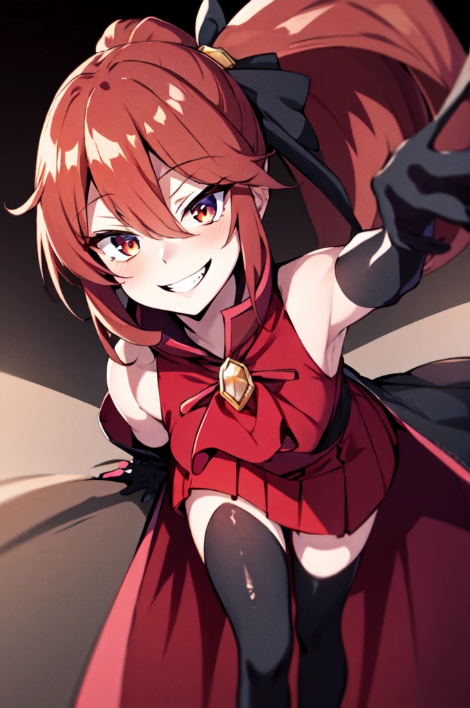 Highest quality, masterpiece, One Girl,Not beautiful, Red Ponytail, Long dress, brooch, Hair Ribbon,  Black knee socks, Standing on the rubble,  (Wicked Smile:1.1), ,,Dark shadowed face,Sadistic smile,Malice,Contempt,smile,latex,Bad face,,Red Skirt,two hands,two legs,five fingers,evil background,elbow gloves,latex, Wicked Smile, devilish aura (Shiny fabric:1.5),Dark world background,独奏,


