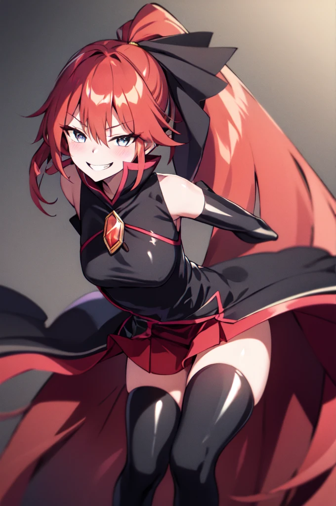 Highest quality, masterpiece, One Girl,Not beautiful, Red Ponytail, Long dress, brooch, Hair Ribbon,  Black knee socks, Standing on the rubble,  (Wicked Smile:1.1), ,,Dark shadowed face,Sadistic smile,Malice,Contempt,smile,latex,Bad face,,Red Skirt,two hands,two legs,five fingers,evil background,elbow gloves,latex, Wicked Smile, devilish aura (Shiny fabric:1.5),Dark world background,独奏,


