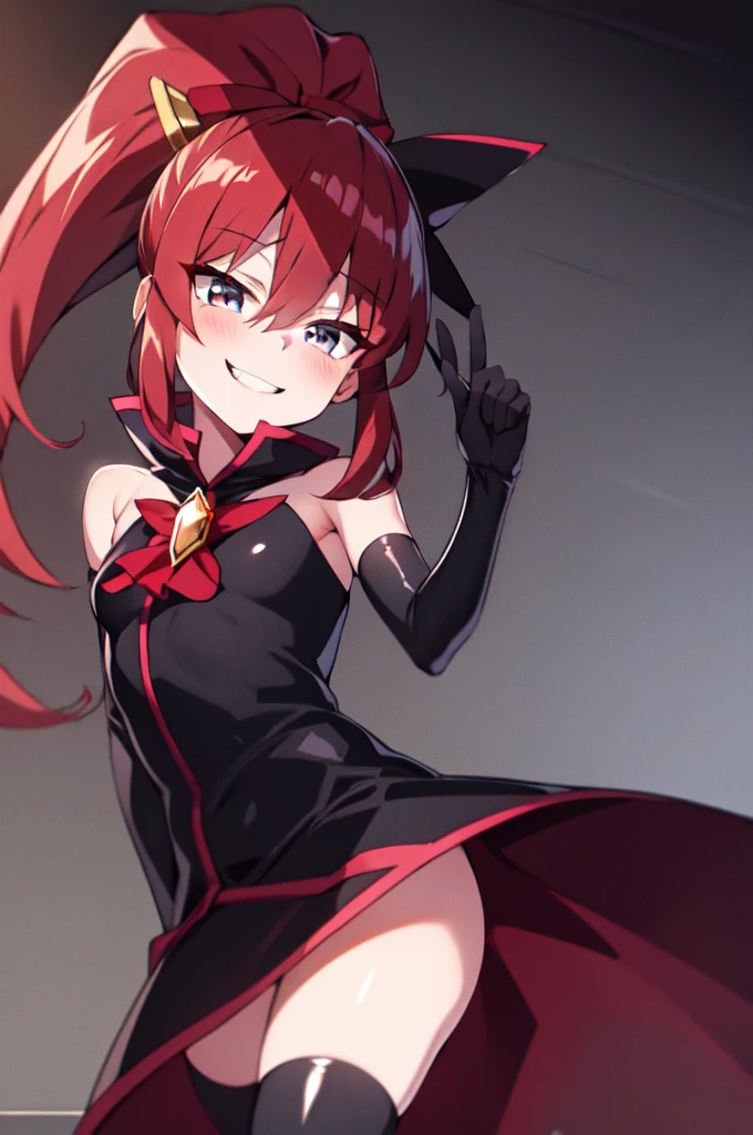 Highest quality, masterpiece, One Girl,Not beautiful, Red Ponytail, Long dress, brooch, Hair Ribbon, Black knee socks, Standing on the rubble, (Wicked Smile:1.1), ,,Dark shadowed face,Sadistic smile,Malice,Contempt,smile,latex,Bad face,,Red Skirt,two hands,two legs,five fingers,evil background,elbow gloves,latex, Wicked Smile, devilish aura (Shiny fabric:1.5),Dark world background,独奏,