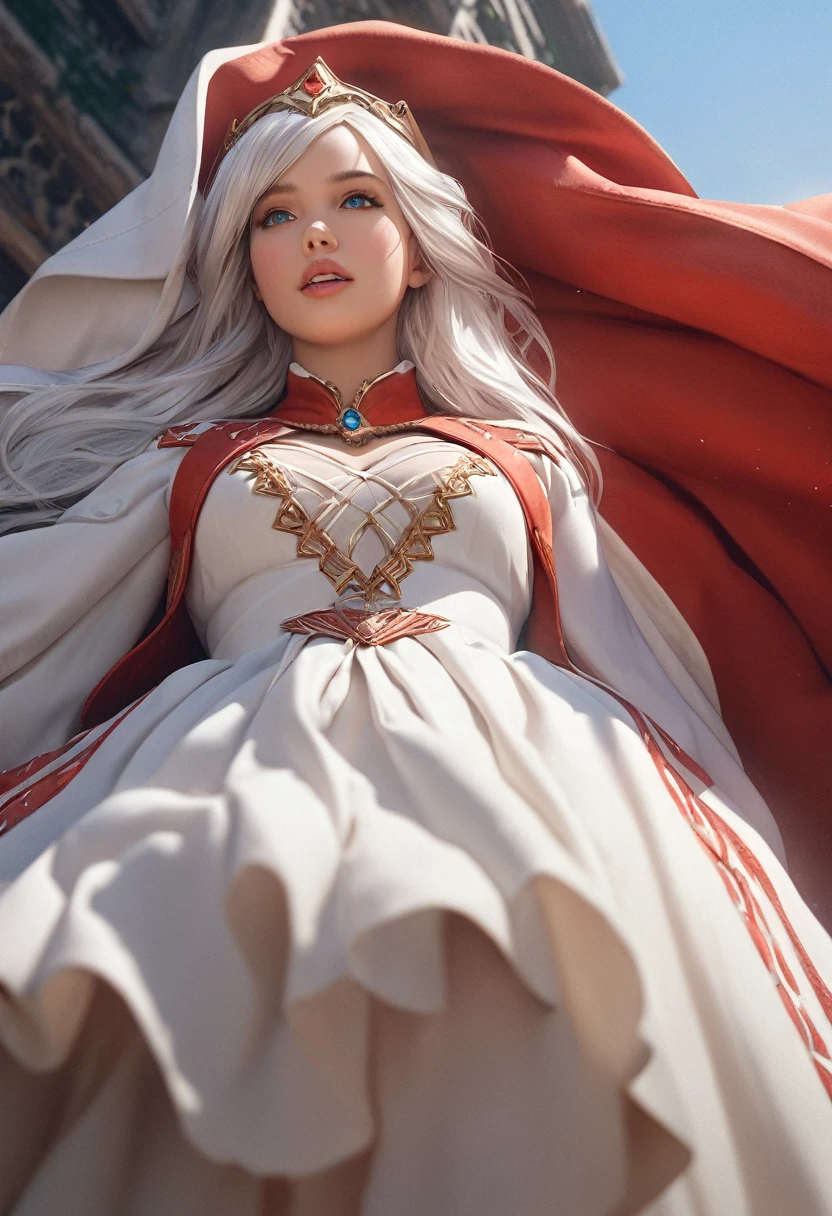 (best quality,4k,8k,highres,masterpiece:1.2), ultra-detailed, (realistic,photorealistic,photo-realistic:1.37),((Highly detailed CG Unity 8k wallpaper)), masterpiece, Super detailed, floating, High resolution, Sexually suggestive, (small, Extremely long white hair, Princess, White Mage, blue eyes, (It has long, wide sleeves and intricate embroidery. A gorgeous layered long dress in white and red with a sheer look), Bridal Veil, Circlet, Bridal Gauntlet, Blushing, shy, arched back, Frilled petticoat, Glamorous corset,