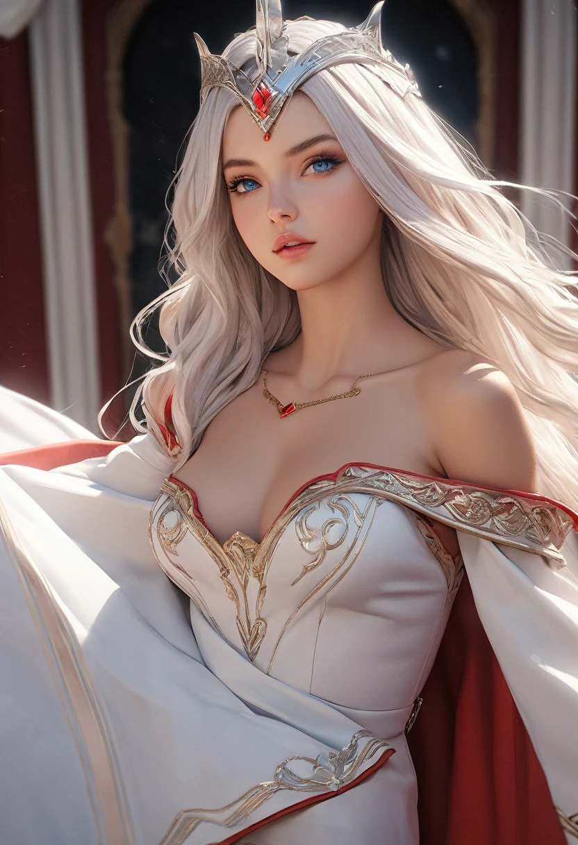 (best quality,4k,8k,highres,masterpiece:1.2), ultra-detailed, (realistic,photorealistic,photo-realistic:1.37),((Highly detailed CG Unity 8k wallpaper)), masterpiece, Super detailed, floating, High resolution, Sexually suggestive, (small, Extremely long white hair, Princess, White Mage, blue eyes, (It has long, wide sleeves and intricate embroidery. A gorgeous layered long dress in white and red with a sheer look), Bridal Veil, Circlet, Bridal Gauntlet, Blushing, shy, arched back, Frilled petticoat, Glamorous corset,