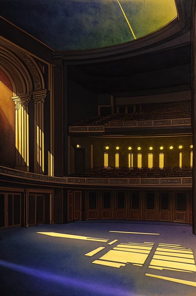 Create an image of a theater where you can see an interior of the theater and an exterior with a garden, with a statue Watercolor drawing with light and shadow effects
