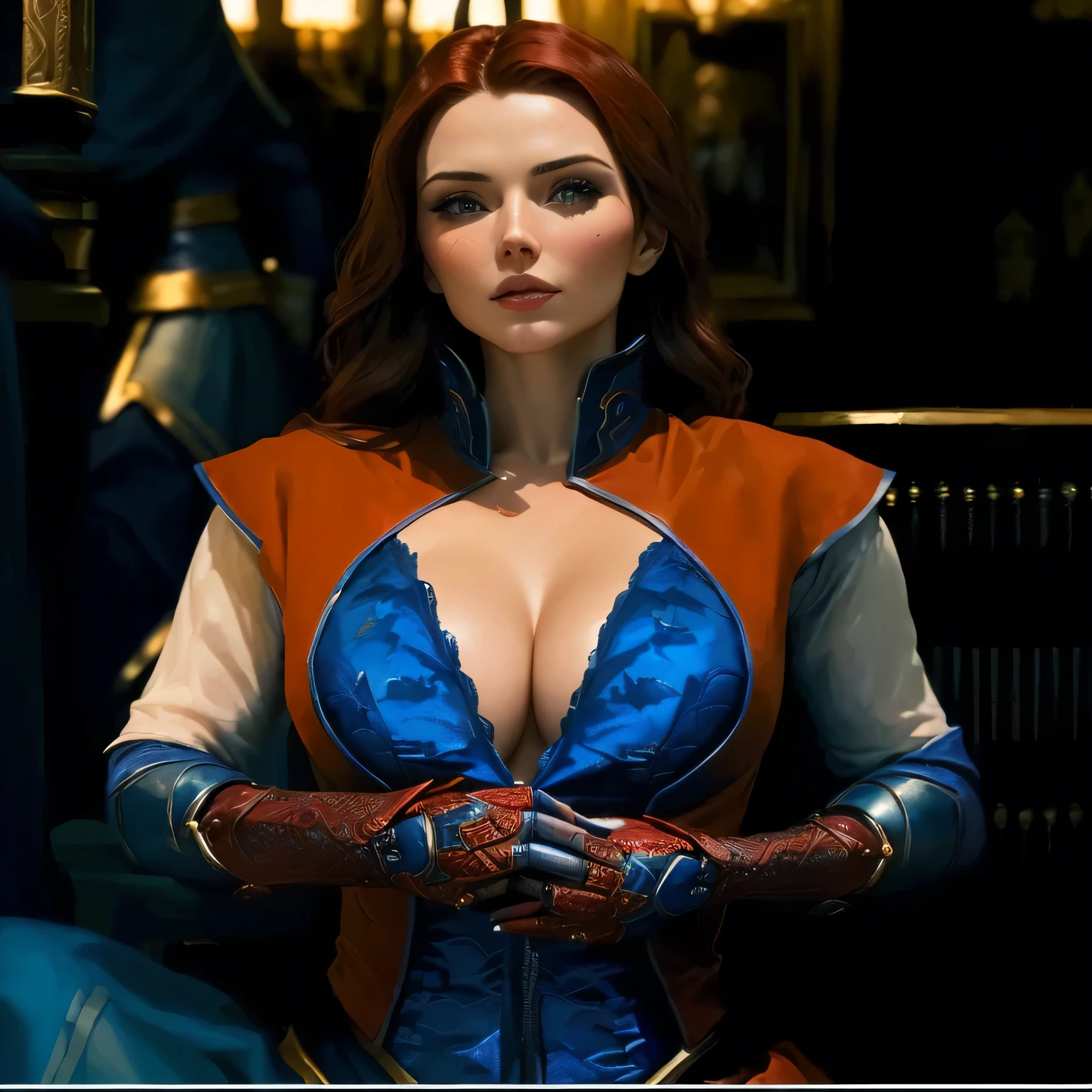 a close up of a woman in a blue and red outfit, Wanda Maximoff, Triss Merigold, Triss Merigold cosplay, of the wizard (2021), lady in red armor, cinematic bust portrait, highly detailed exquisite fanart, 4K Art, female main character, fully dressed. painting of sexy, cyborg noble woman, big boobies 