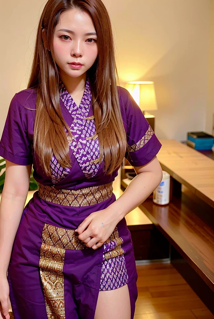 Thai people, (best quality:1.4), (very high:1.2), (realistic:1.4), (direct front Portrait)(8K, raw image:1.2),(Portrait:1.4), (Southeast Asian Girl), (light brown hair),(Purple Thai massage uniform :1.3), big boob,