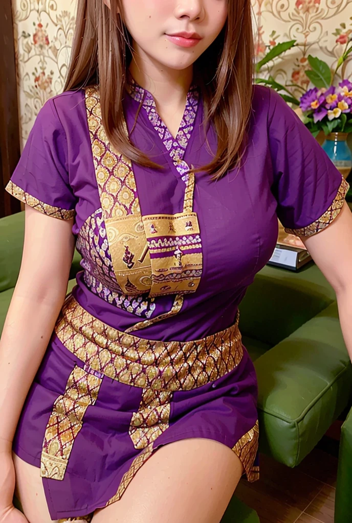 Thai people, (best quality:1.4), (very high:1.2), (realistic:1.4), (direct front Portrait)(8K, raw image:1.2),(Portrait:1.4), (Southeast Asian Girl), (light brown hair),(Purple Thai massage uniform :1.3), big boob,