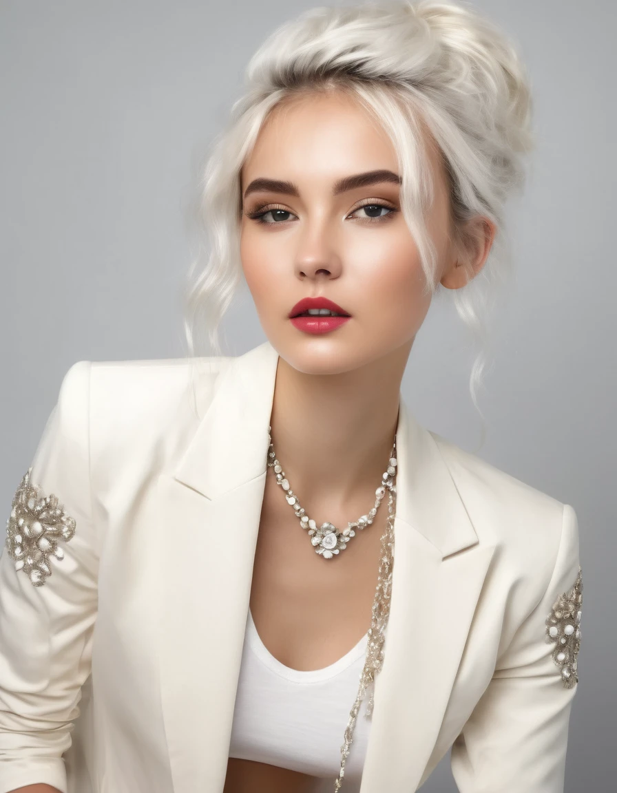 Beautiful 20 year old girl from high society with light platinum hair, wearing a beige tube dress, and white blazer with shiny stone embroidery on the sleeves and collar, 