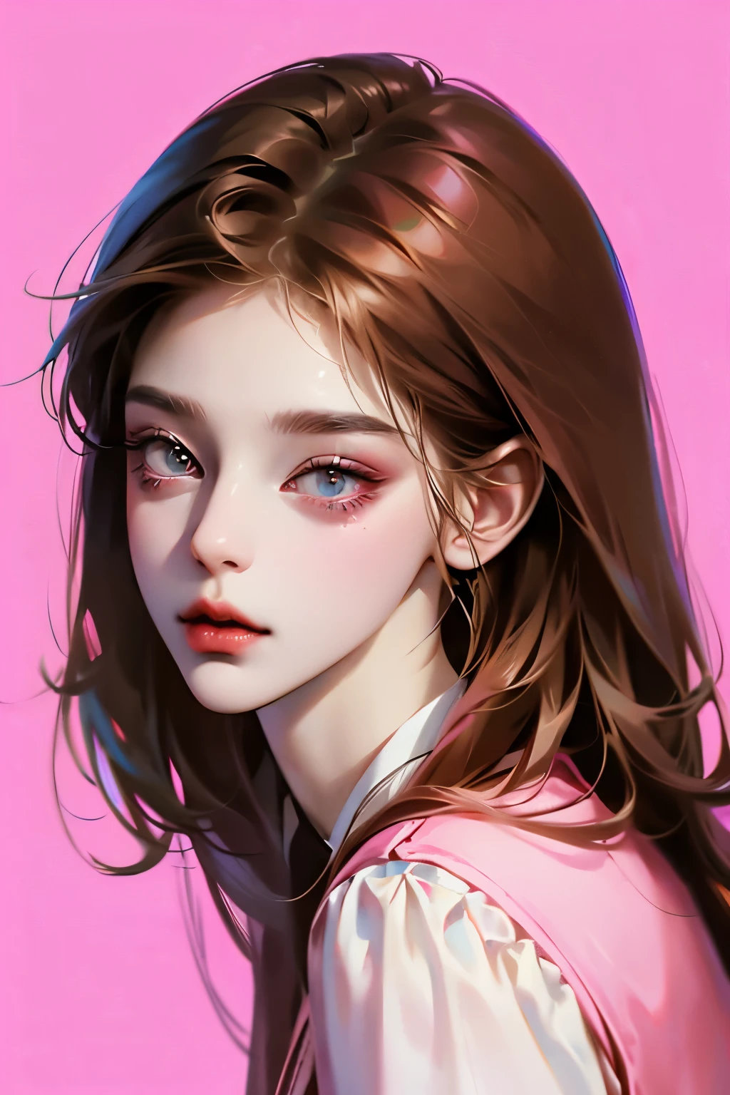 Girl, long straight brown hair, brown eyes, sharp features, white skin, pink lips, perfect, blue shirt