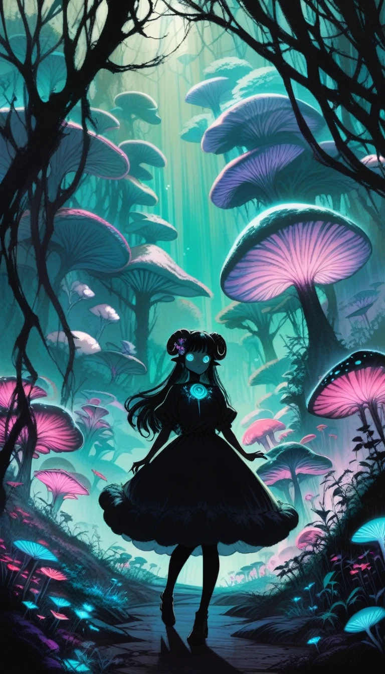 [author：Junji Ito], Dark horror scene, [Detailed shadows], [vein], (Bioluminescent mushroom forest), 1 Girl, Huge cosmic eyes, Spiral Fungus, Human Development Report fluffy black hair sheep horns. Insane