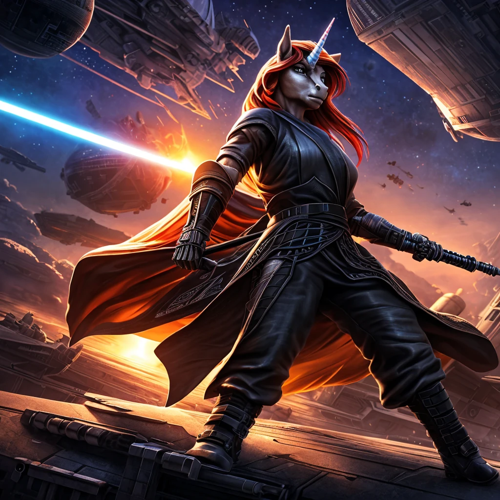a beautiful female jedi knight sunset shimmer anthro unicorn pony in a black robe and pants,black boots,wielding a silver hilt blue bladed lightsaber,standing under a star destroyer in the sky in the distance with tie fighters with death star,planet tattoine,highly detailed face and features,a detailed mechanical hand,cinematic lighting,dramatic atmosphere,rich colors,photorealistic,masterpiece,(best quality,4k,8k,highres,masterpiece:1.2),ultra-detailed,(realistic,photorealistic,photo-realistic:1.37),extremely detailed face and eyes,beautiful detailed lips,detailed mechanical hand,dramatic cinematic lighting,rich vibrant colors,intricate interstellar sci-fi background