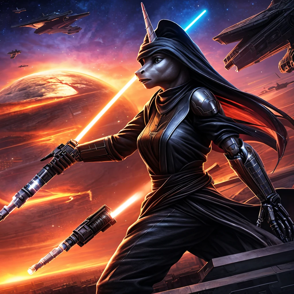 a beautiful female jedi knight sunset shimmer anthro unicorn pony in a black robe and pants,black boots,wielding a silver hilt blue bladed lightsaber,standing under a star destroyer in the sky in the distance with tie fighters with death star,planet tattoine,highly detailed face and features,a detailed mechanical hand,cinematic lighting,dramatic atmosphere,rich colors,photorealistic,masterpiece,(best quality,4k,8k,highres,masterpiece:1.2),ultra-detailed,(realistic,photorealistic,photo-realistic:1.37),extremely detailed face and eyes,beautiful detailed lips,detailed mechanical hand,dramatic cinematic lighting,rich vibrant colors,intricate interstellar sci-fi background