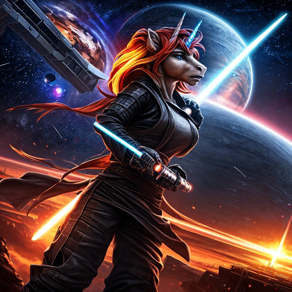 a beautiful female jedi knight sunset shimmer anthro unicorn pony in a black robe and pants,black boots,wielding a silver hilt blue bladed lightsaber,standing under a star destroyer in the sky in the distance with tie fighters with death star,planet tattoine,highly detailed face and features,a detailed mechanical hand,cinematic lighting,dramatic atmosphere,rich colors,photorealistic,masterpiece,(best quality,4k,8k,highres,masterpiece:1.2),ultra-detailed,(realistic,photorealistic,photo-realistic:1.37),extremely detailed face and eyes,beautiful detailed lips,detailed mechanical hand,dramatic cinematic lighting,rich vibrant colors,intricate interstellar sci-fi background
