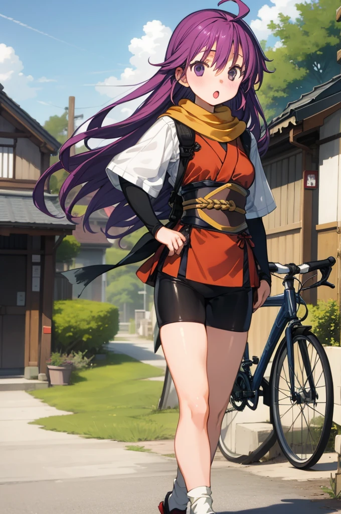 1girl, masterpiece, best quality, highly detailed, illustration, kentou kanami, outdoors, village, standing, low-tied long hair, bike shorts, scarf, japanese clothes, :o, 