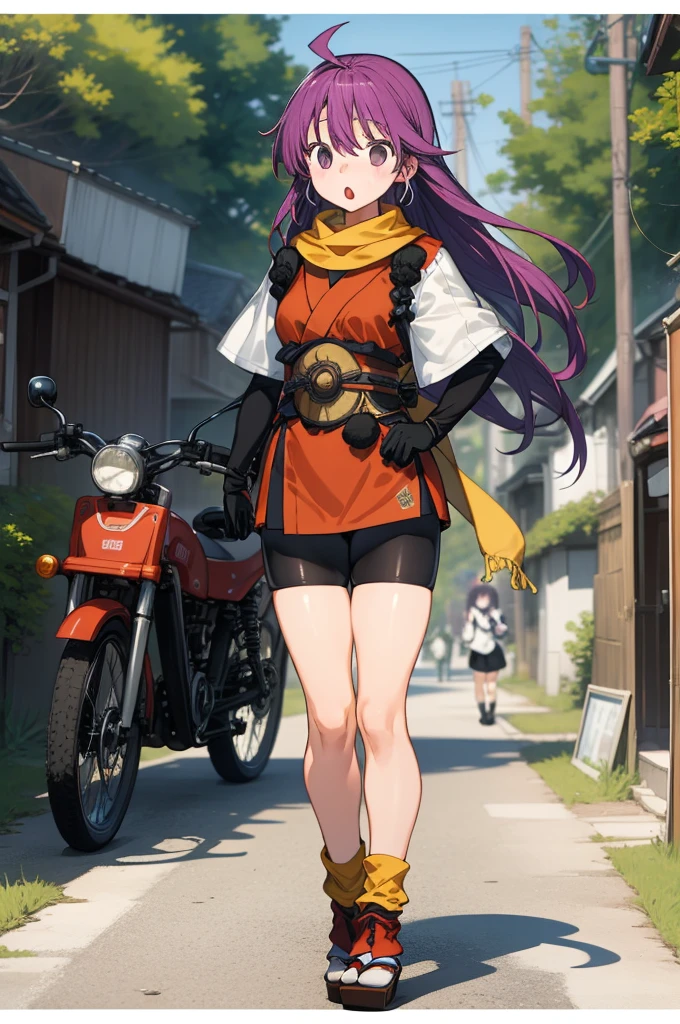 1girl, masterpiece, best quality, highly detailed, illustration, kentou kanami, outdoors, village, standing, low-tied long hair, bike shorts, scarf, japanese clothes, :o, 