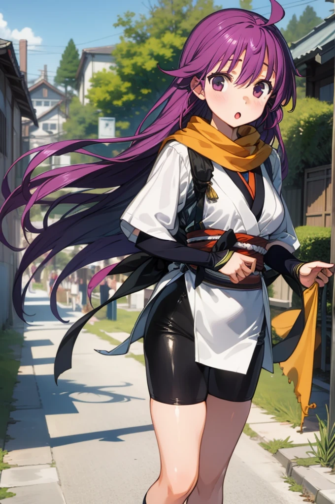 1girl, masterpiece, best quality, highly detailed, illustration, kentou kanami, outdoors, village, standing, low-tied long hair, bike shorts, scarf, japanese clothes, :o, 