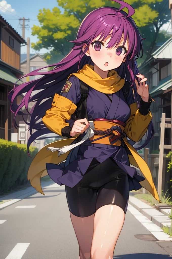 1girl, masterpiece, best quality, highly detailed, illustration, kentou kanami, outdoors, village, standing, low-tied long hair, bike shorts, scarf, japanese clothes, :o,